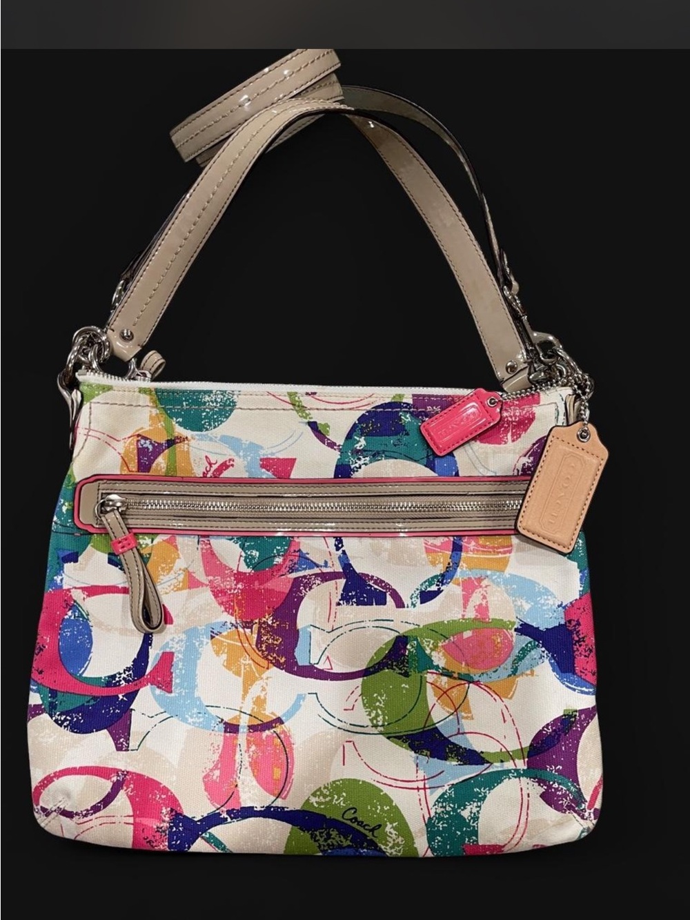 Coach Multicolor Circle Print Canvas Shoulder Bag with Tan Trim